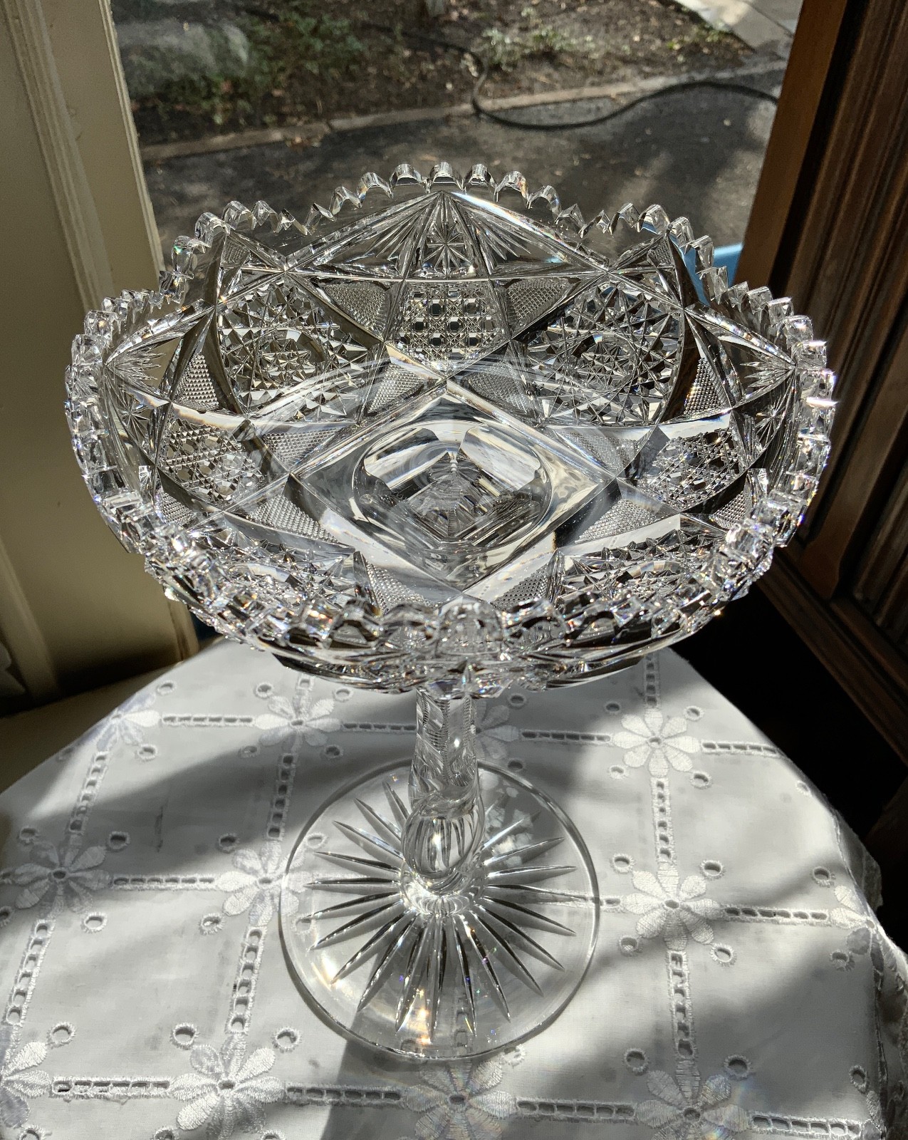 AMERICAN BRILLIANT CUT GLASS 10″ TWIST STEM COMPOTE / ATTRIB: LIBBEY C.1900-1910