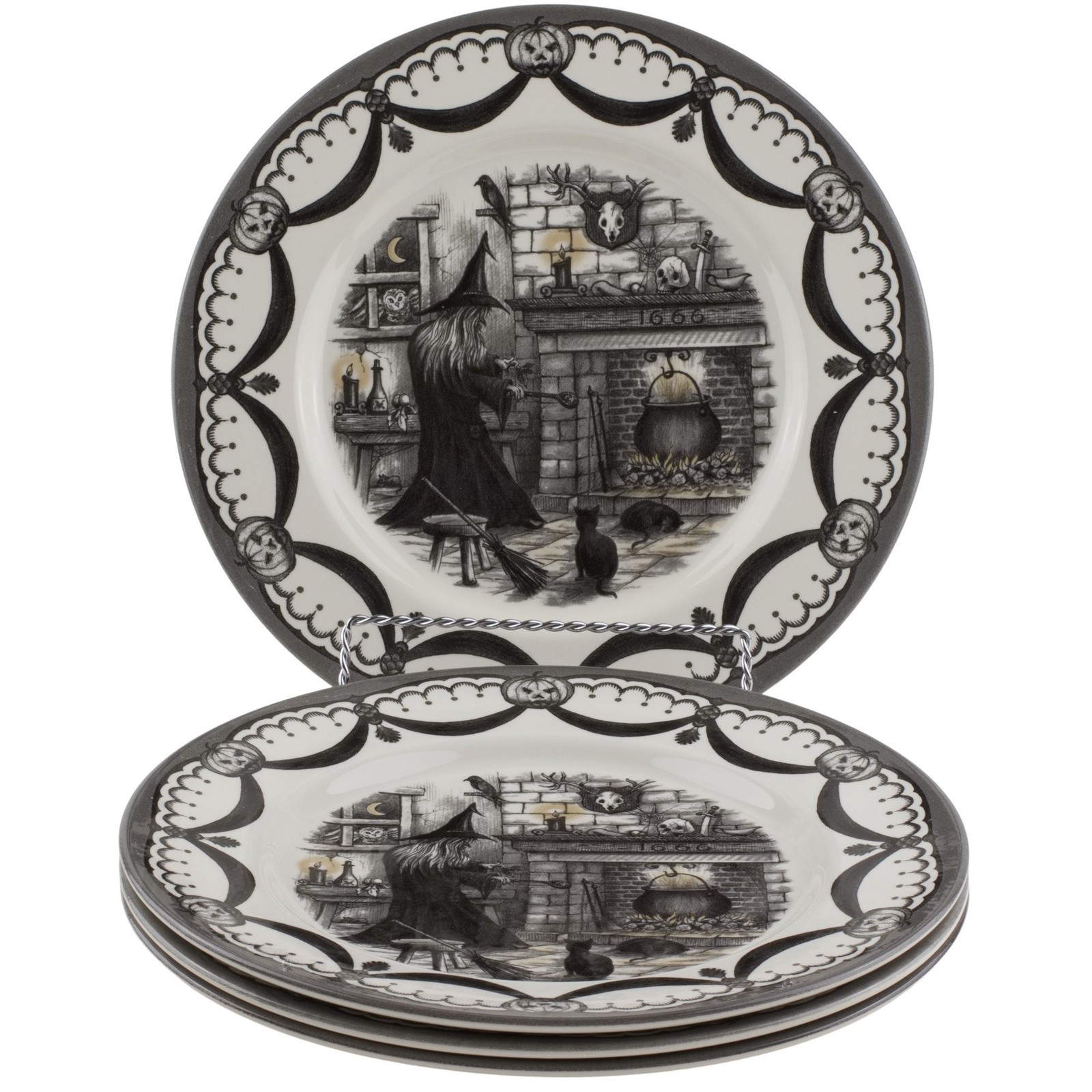 Royal Stafford Wicked Witch Black Cat Fireplace Dinner Plates Set of 4 Halloween