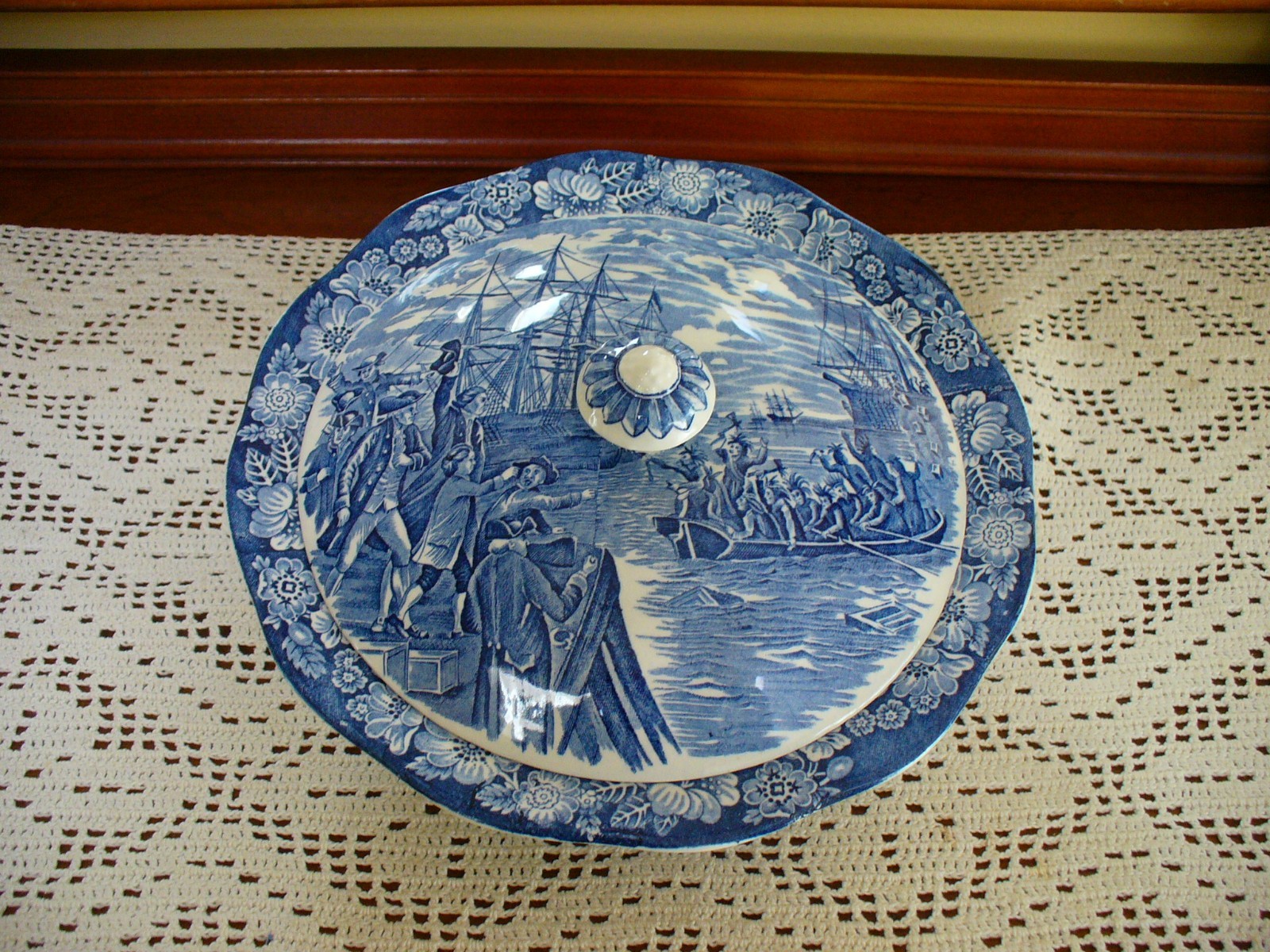 LIBERTY BLUE Staffordshire Covered Vegetable Bowl “Boston Tea Party”