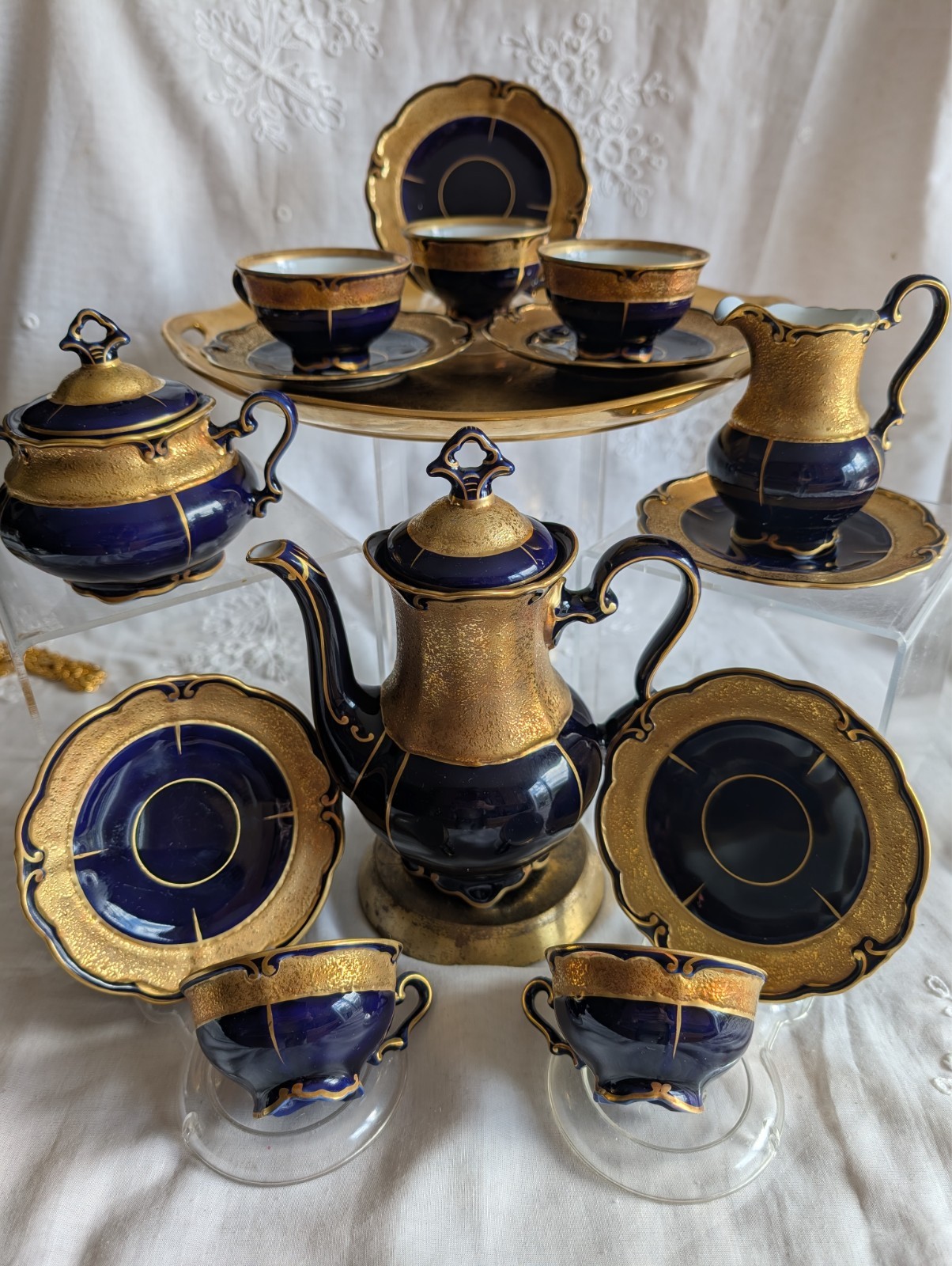 VINTAGE GRAF VON HENNEBERG PORZELLAN ILMENAU GERMANY ECHT KOBALT COFFEE SET 15pc