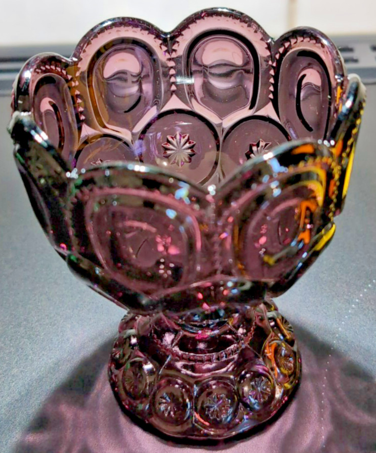 Vintage LE Smith Amethyst Glass Moon & Stars Lidded Compote/Candy Dish 8″