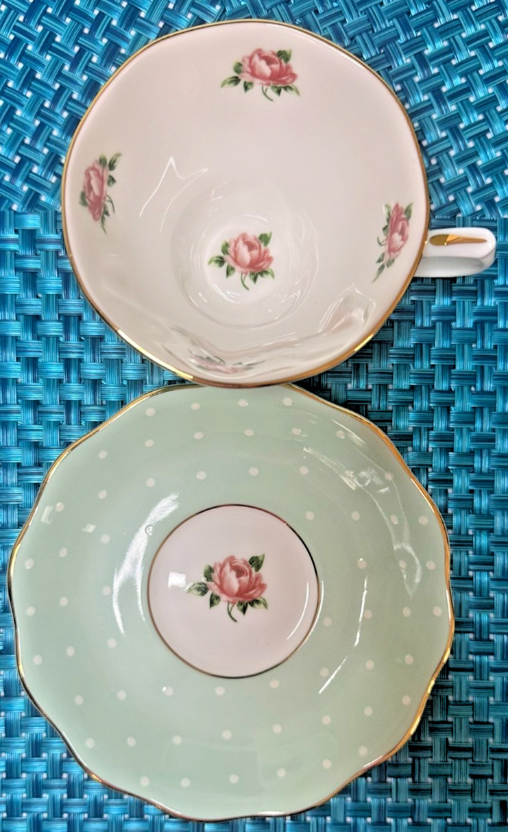 Royal Albert Polka Rose Mint Green Teacup & Saucer Bone China England