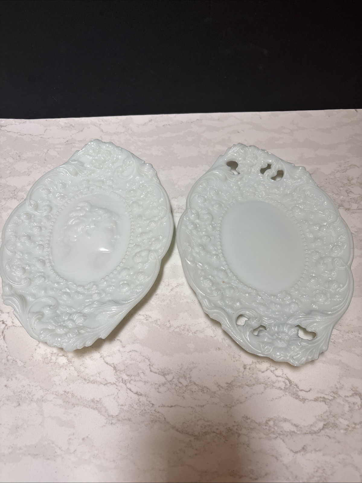 Antique Milk Glass Oval Rococo Pierced Relief Dish Set Jenny Lind