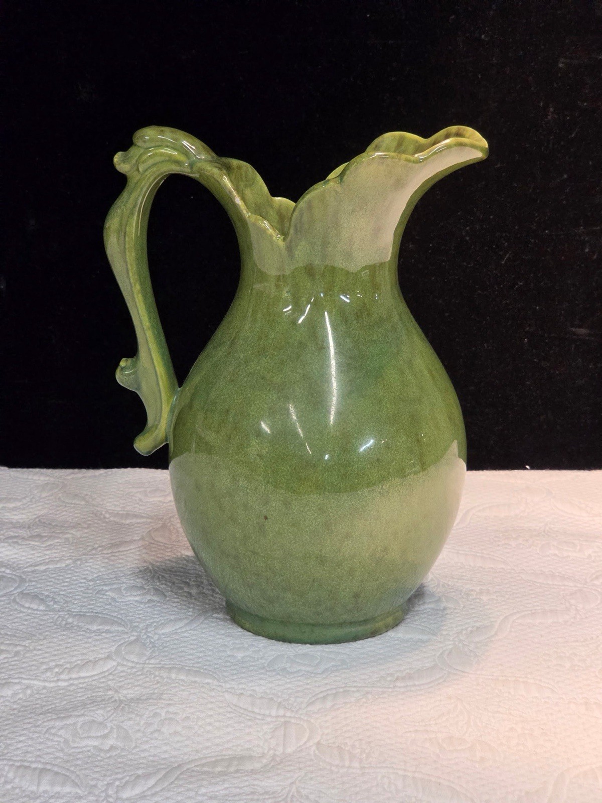 Vintage Haeger USA 4058 Green Mottled Drip Glaze Pottery Pitcher