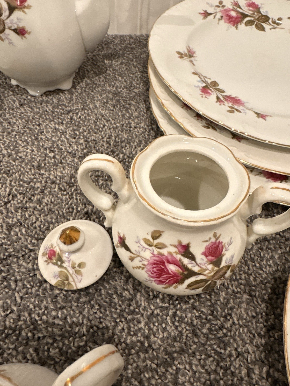 Unmarked Porcelain Floral Dinner Set White/Pink/Green w/ Gold Trim Teapot