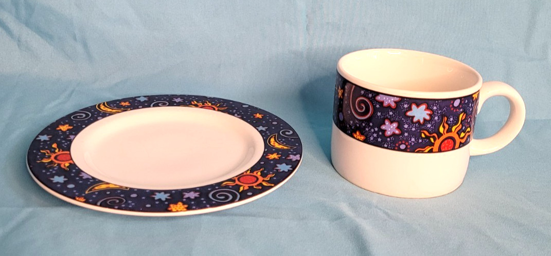 Sakura Celestial Cup and Saucer Set Stoneware 1992 White Multi-color Very Good