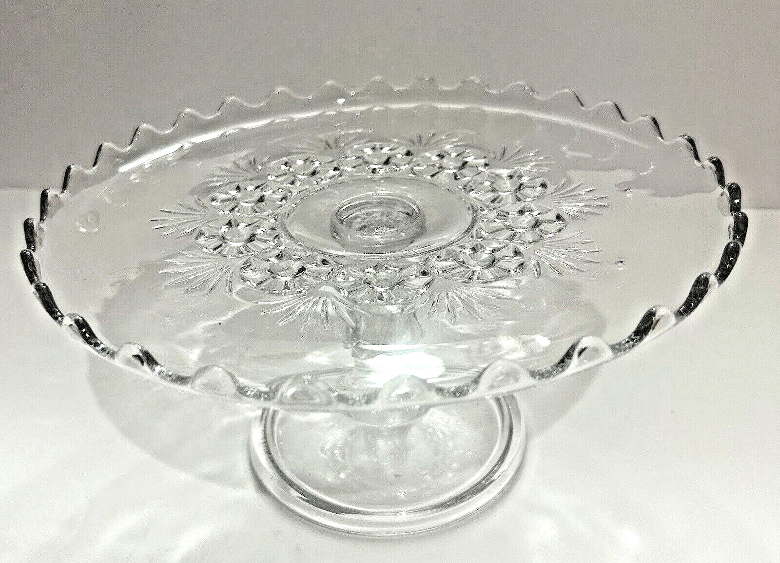 ANTIQUE EAPG Bryce Higbee Charm Glass Cake Stand Rosettes & Palms Gorgeous