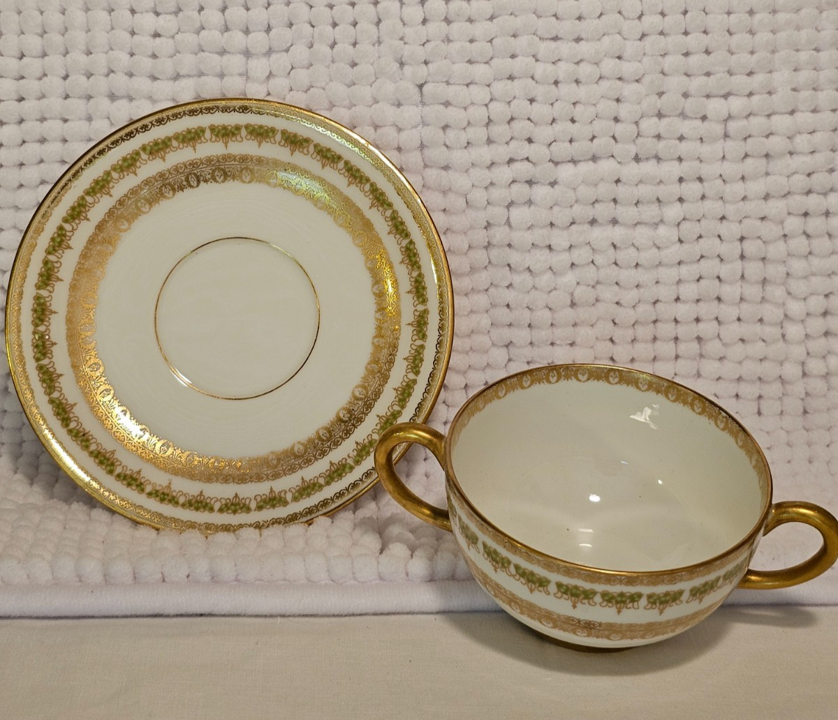 Bouillon cups w/ saucers, set of three, vintage china, Haviland, Cauldon, Pouyat