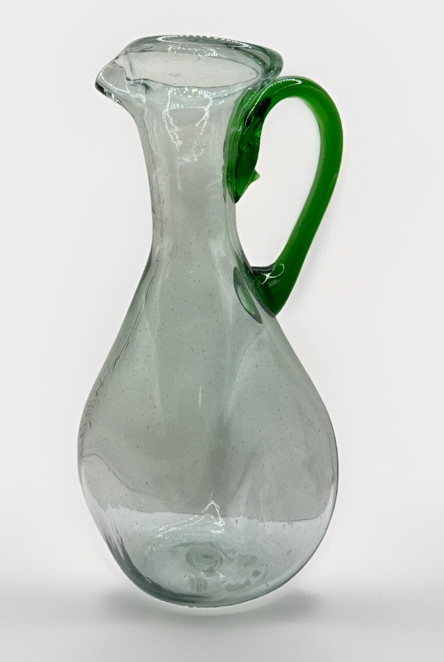 Old Art Deco Hand Blown Glass Pitcher Asymmetrical Sides Almost 10” Tall