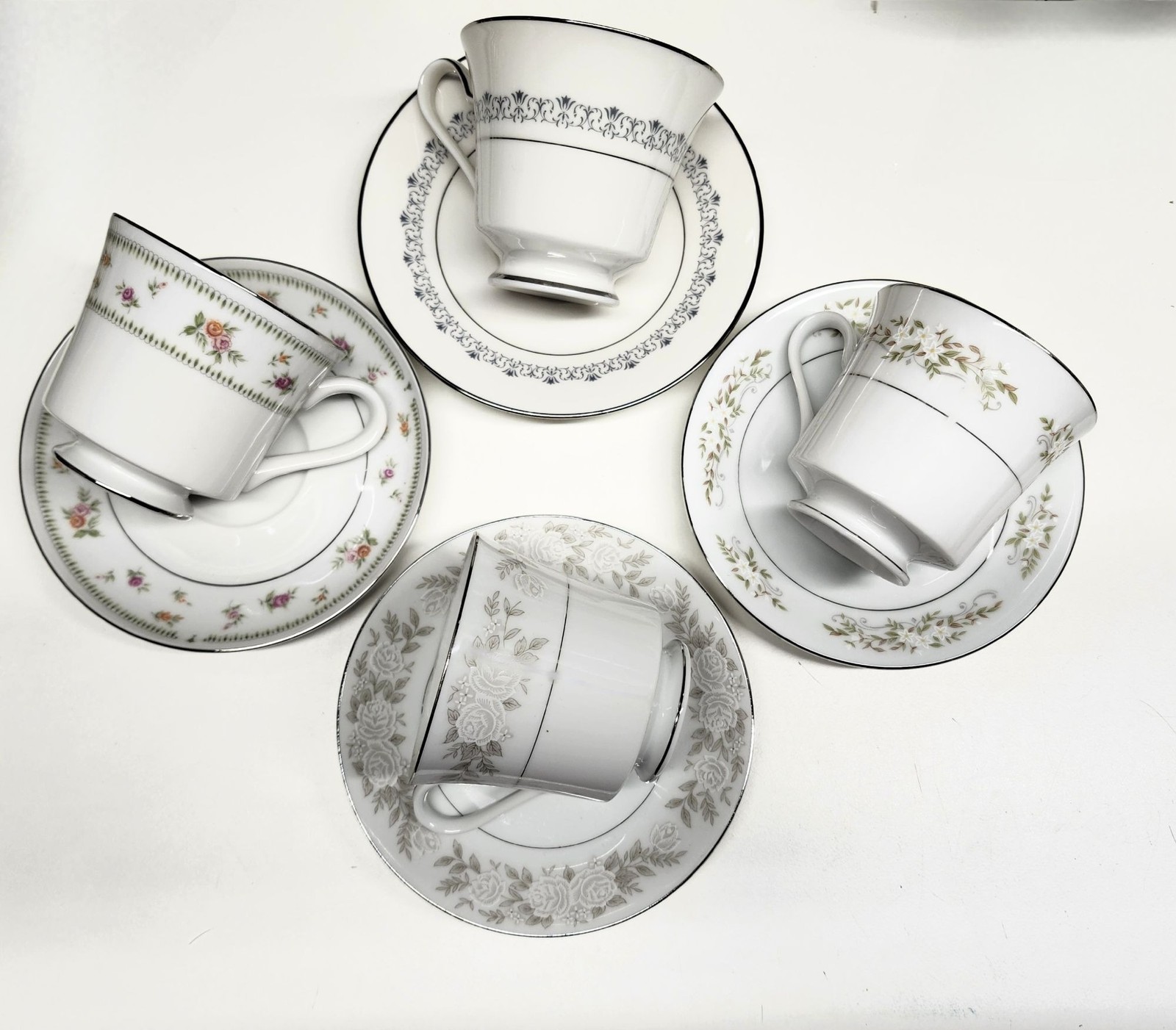 Mismatched China Tea Cups & Saucers Soft Floral Designs 4 Sets