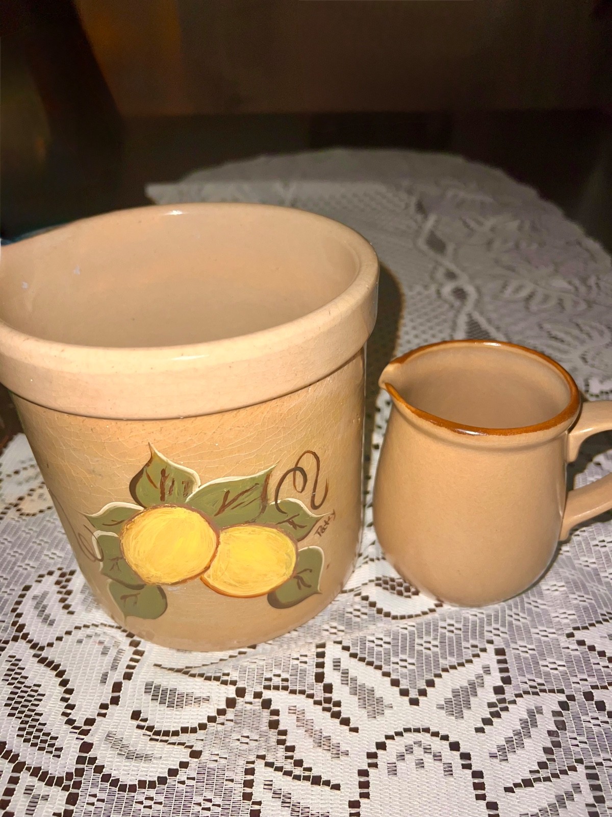 Vintage Hearthside Japan Creamer & Rustic Signed Lemon Pottery Crock Set