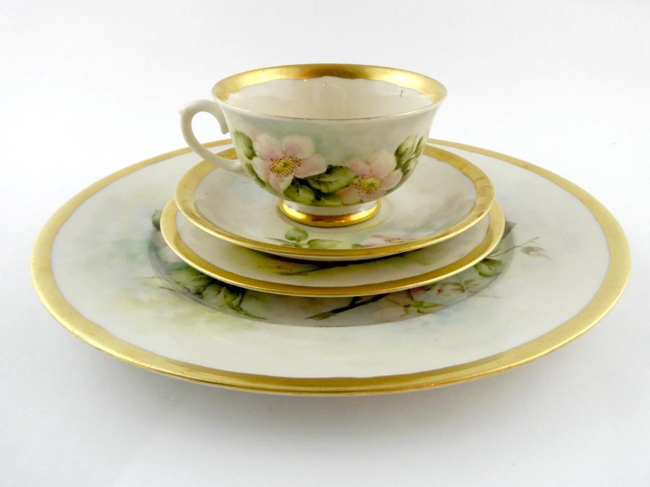 1970s Hand Painted Porcelain 4 Piece Place Setting Apple Blossoms Signed VGOOD