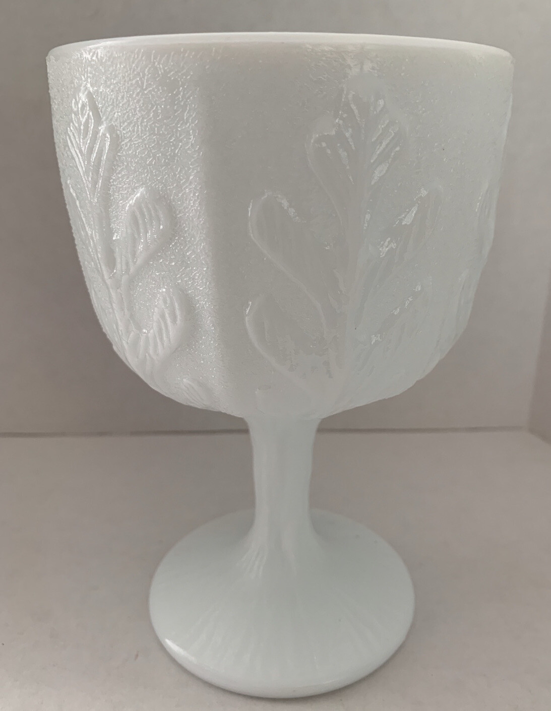 Vintage FTD Milk Glass Pedestal Vase With Oak Leaf Pattern