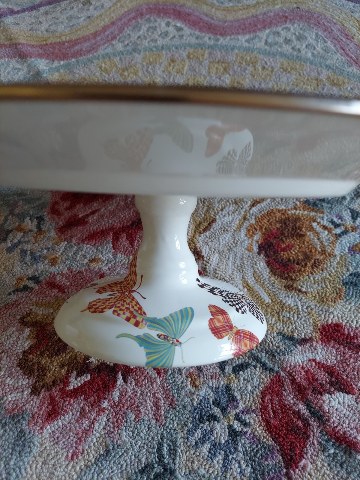 Mackenzie-Childs Butterfly Garden Pedestal Platter With Courtly Check