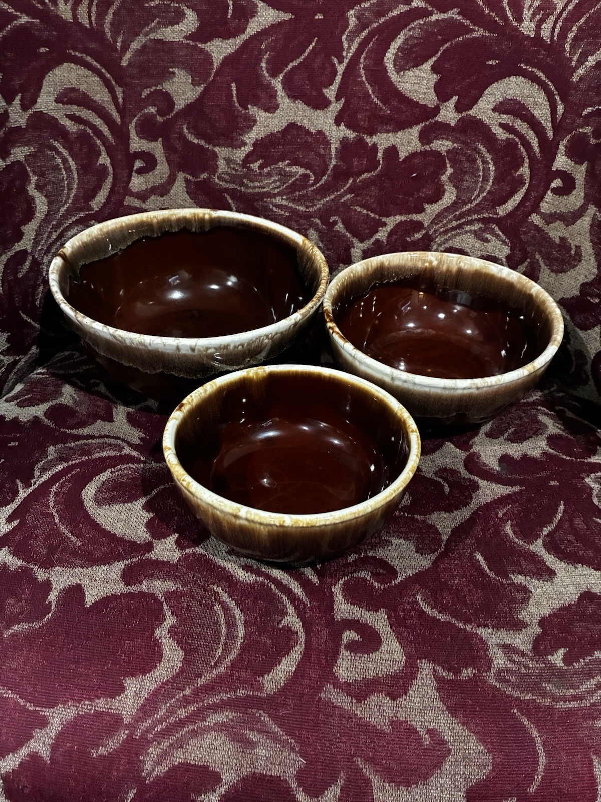Vintage Nesting Bowls Brown Drip Glaze Stoneware USA Pottery Set Of 3 Mixing