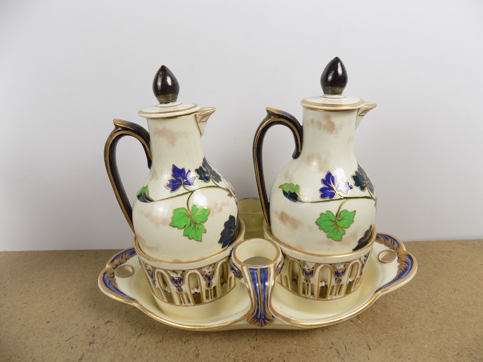 Antique Keller & Guerin Luneville Cruet Set Butterfly & Flower France
