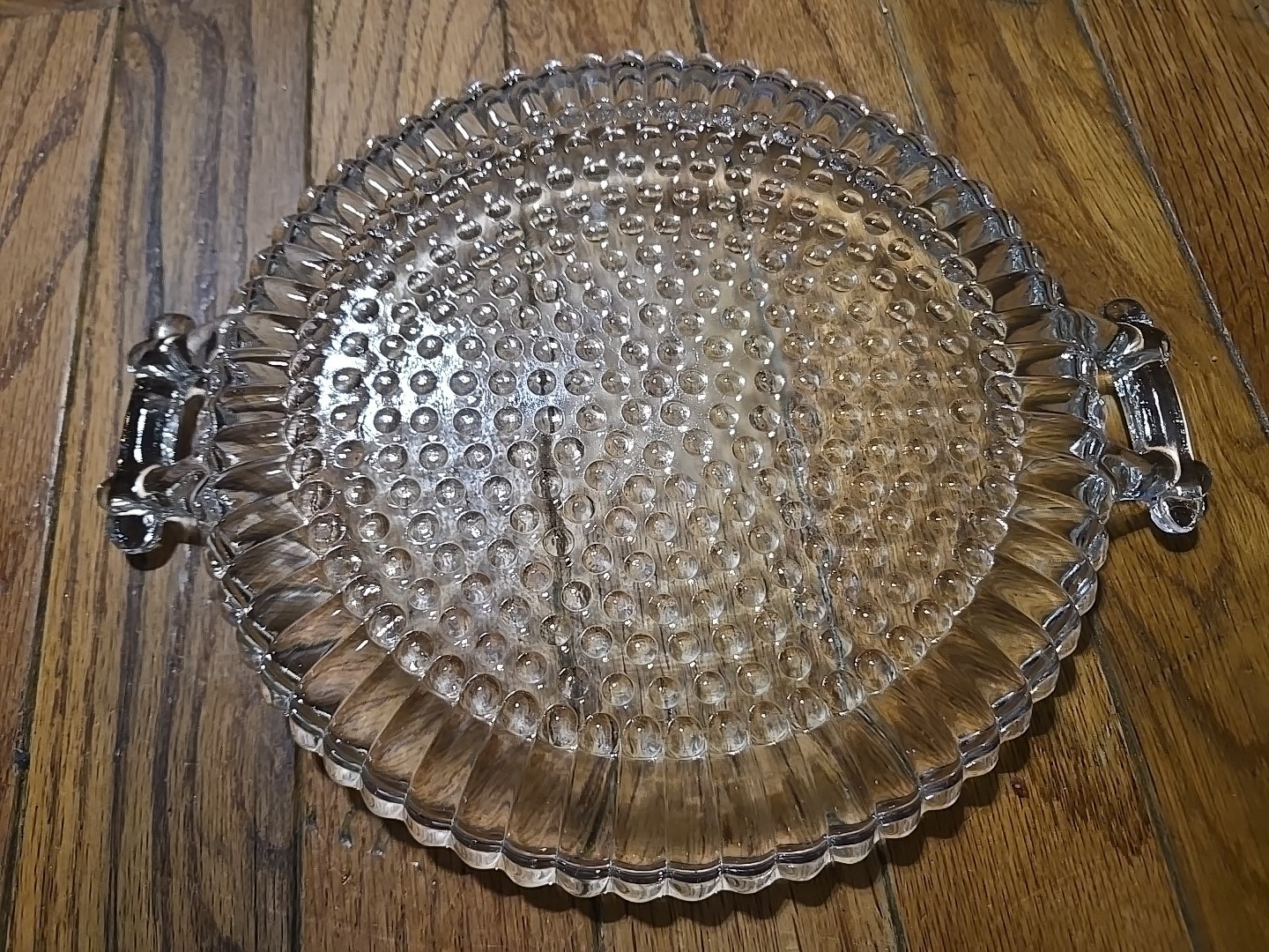 Hobnail Clear Glass Plate round with Handles, 10″ handle to handle. 8″ diameter