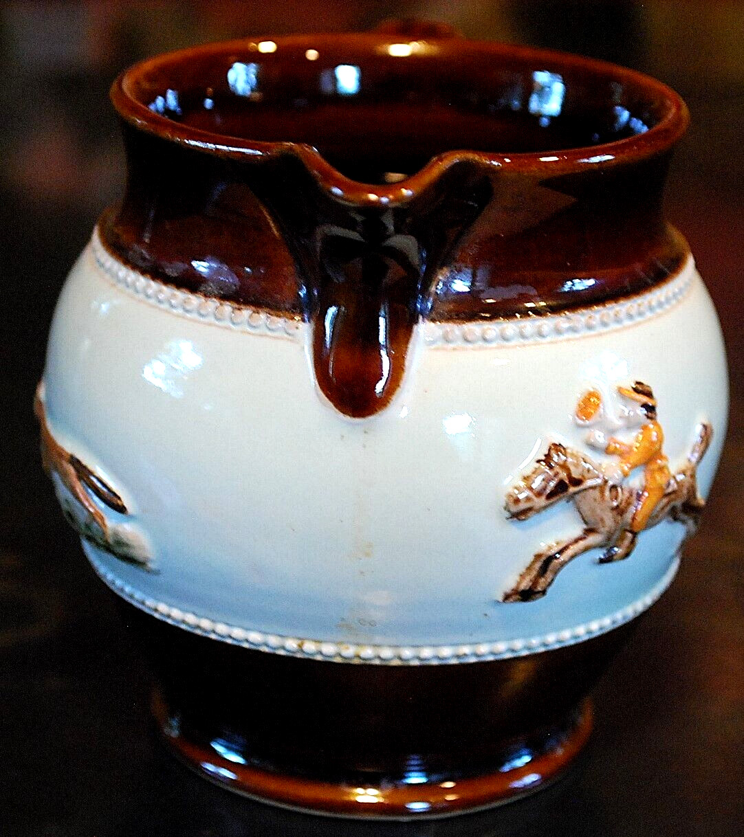 Vtg 1930’S BOURNE DENBY DERBY POTTERY FOX HUNT Creamer/Pitcher England 4″ Glazed