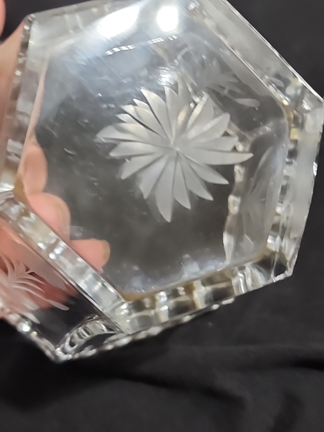 VTG FLORAL Etched GLASS Mayo Bowl Set Ladle Underplate SCALLOPED Hexagon Nice