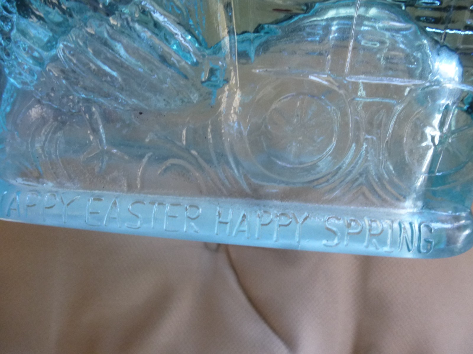 Hen Chicken pulling wagon Aquamarine Blue Glass Candy Dish Top Easter Spring