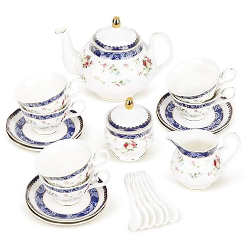 Bone China Tea Sets for Adults, 21-Piece Blue Lace and Roses Blue and Roses