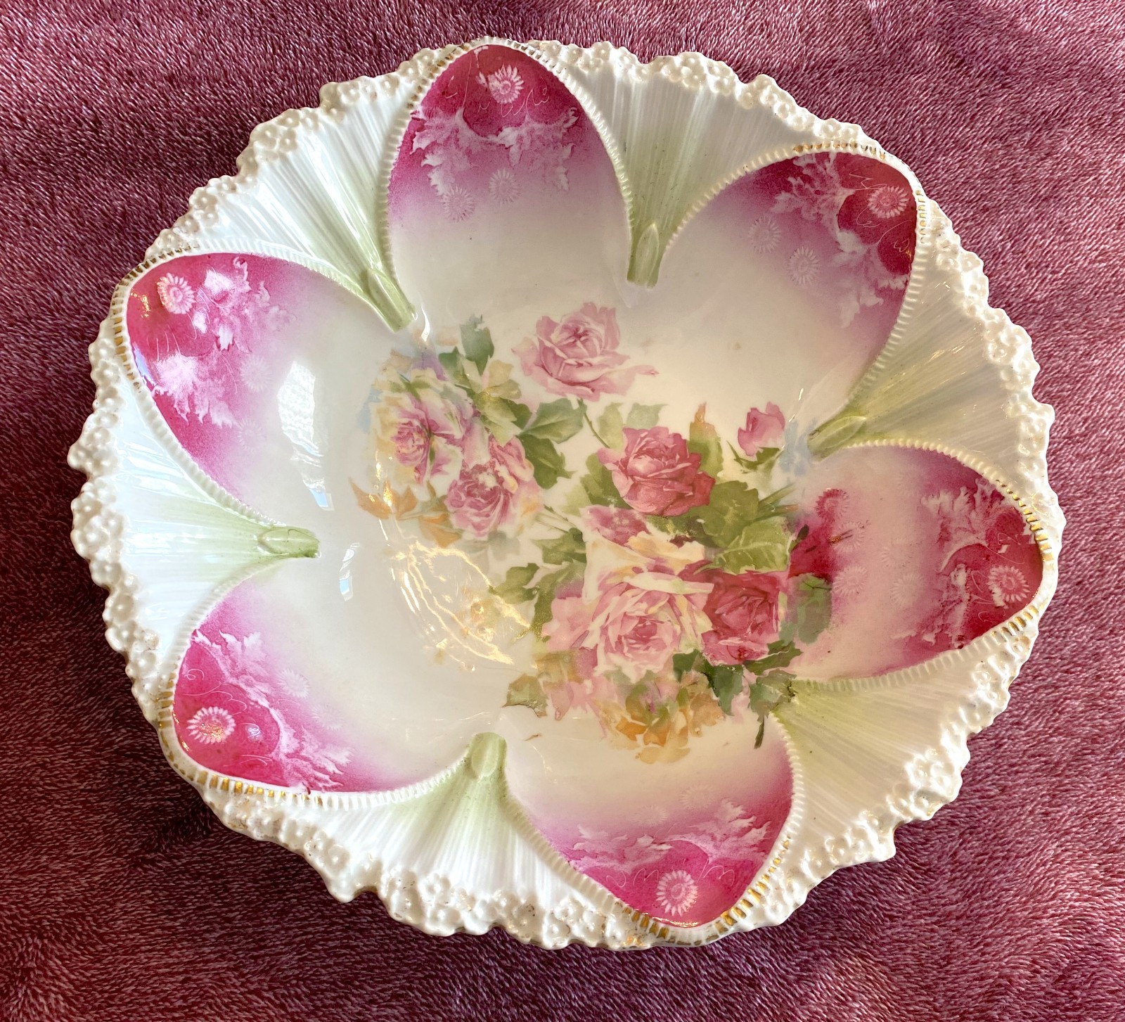 Antique RS Prussia Porcelain Serving & Berry Bowls Floral Pink Roses 7 PC Set