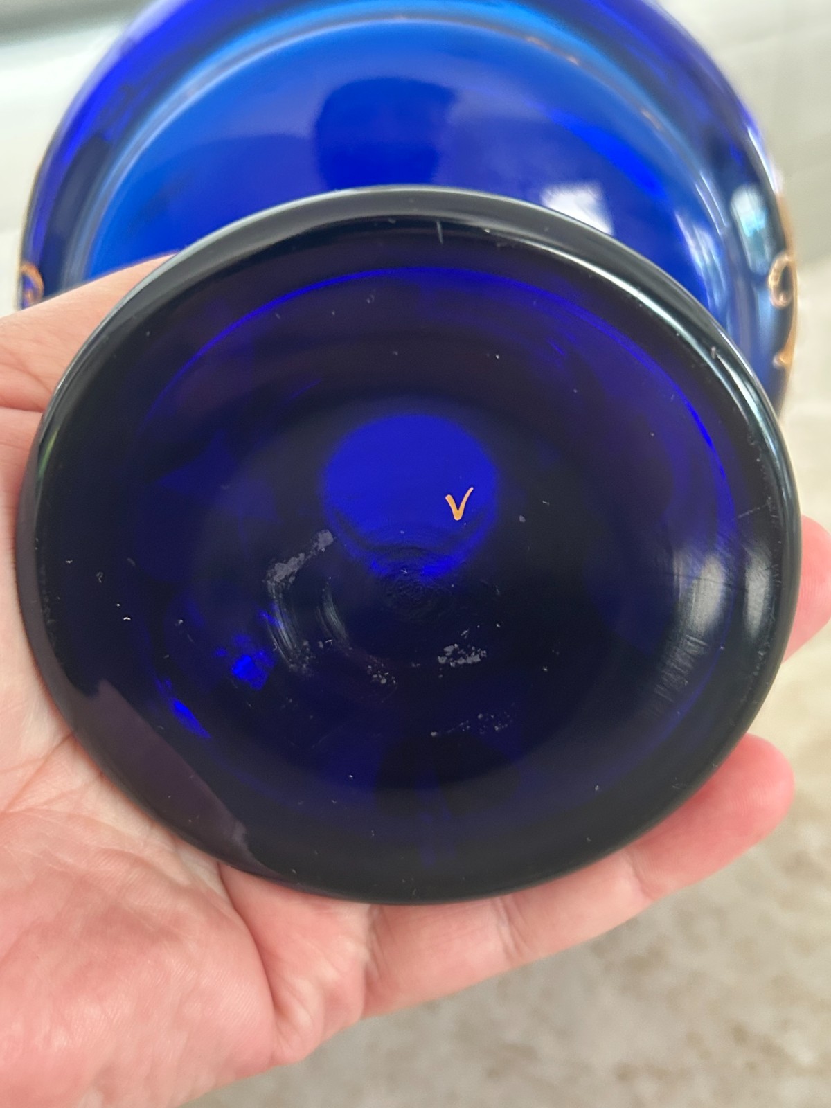 Maldek Bohemia Czech Cobalt Blue Glass Pedestal Bowl Hand Painted Gold Enamel
