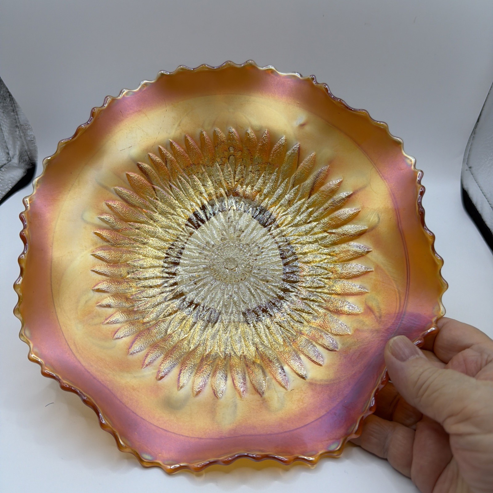 Northwood Pumpkin Marigold Sunflower Spatula Ftd Carnival Glass Bowl 9”