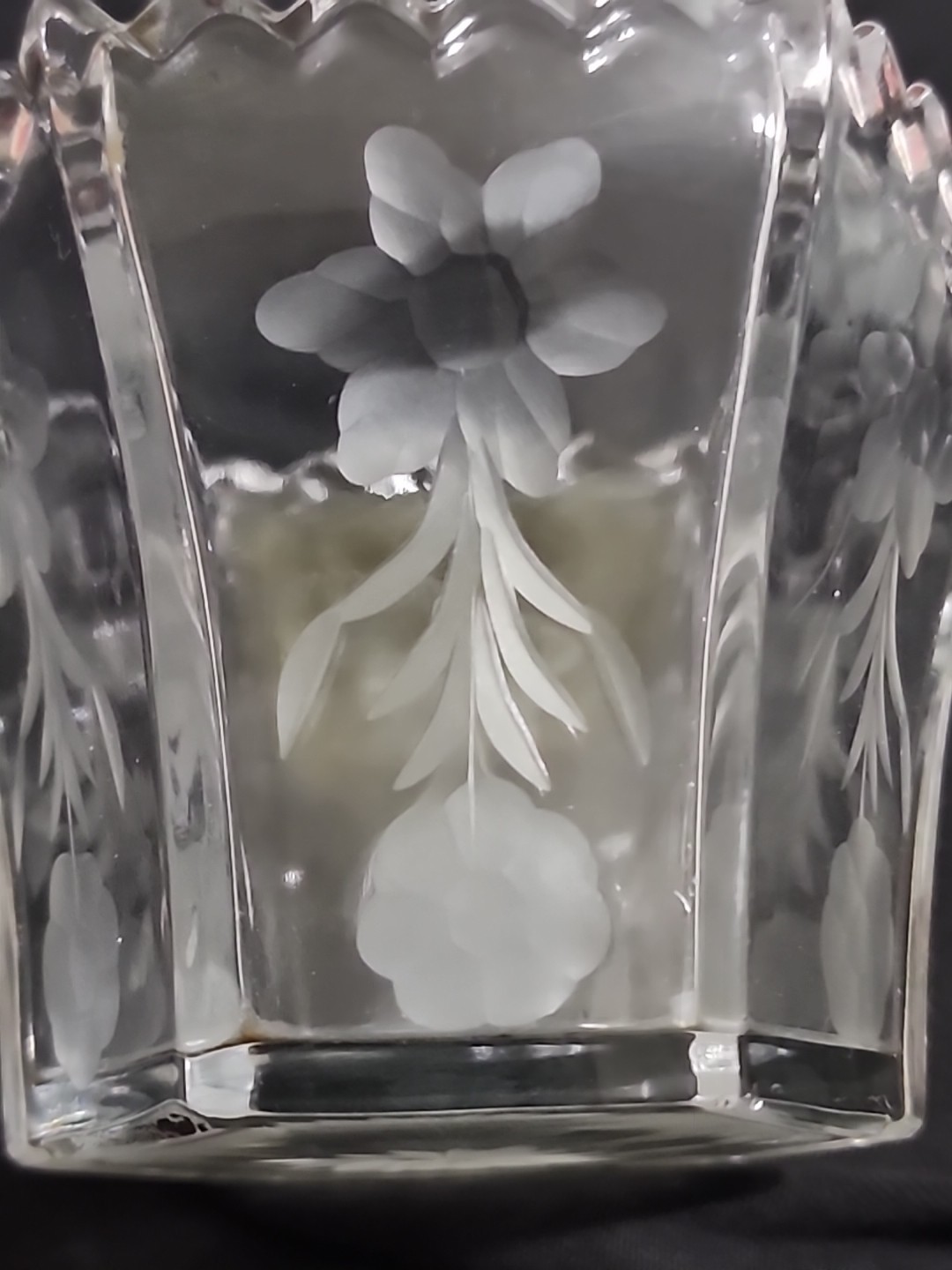 VTG FLORAL Etched GLASS Mayo Bowl Set Ladle Underplate SCALLOPED Hexagon Nice