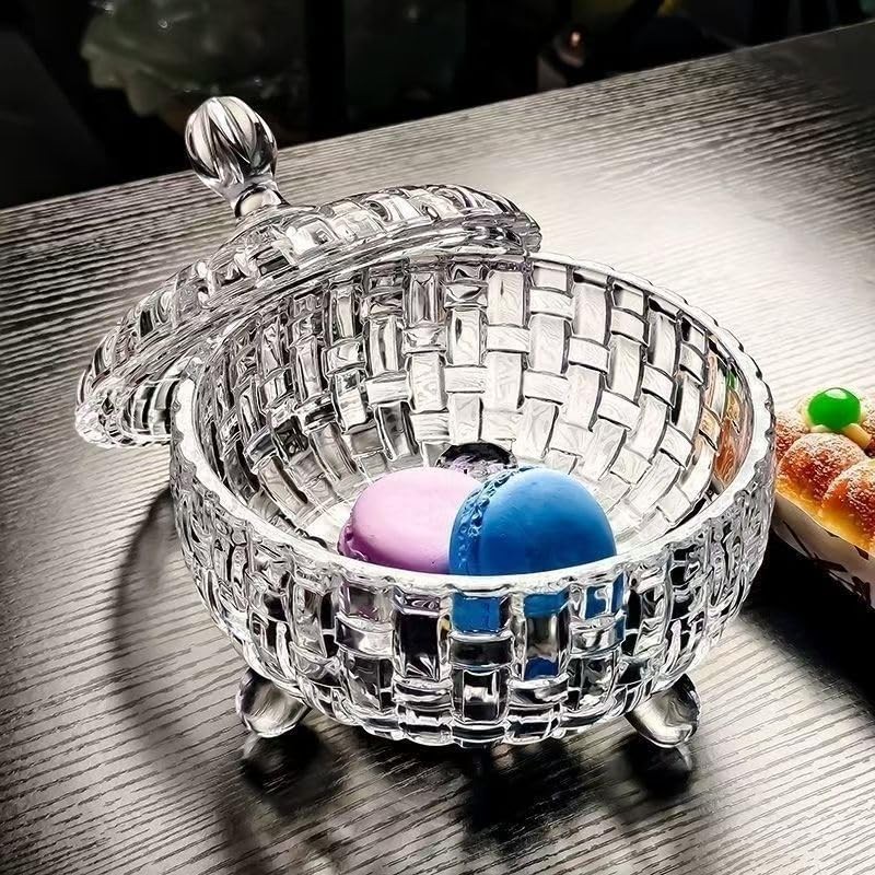 Candy Jar with Lid Crystal Glass Candy Storage Weave Design Candy Dish Bowl f…