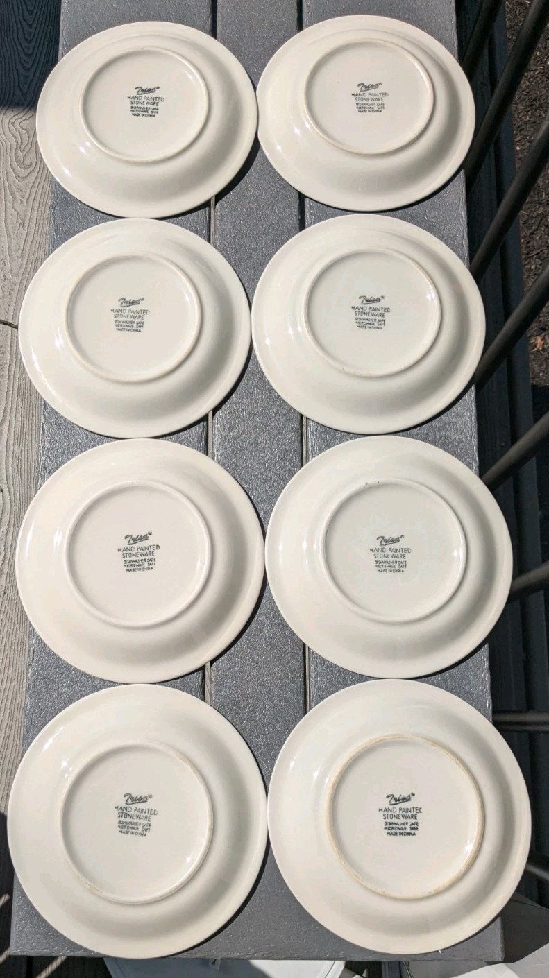 Set Of 4 Trisa Hand Painted Stoneware Salad Plates 7.5” Yellow Green Blue