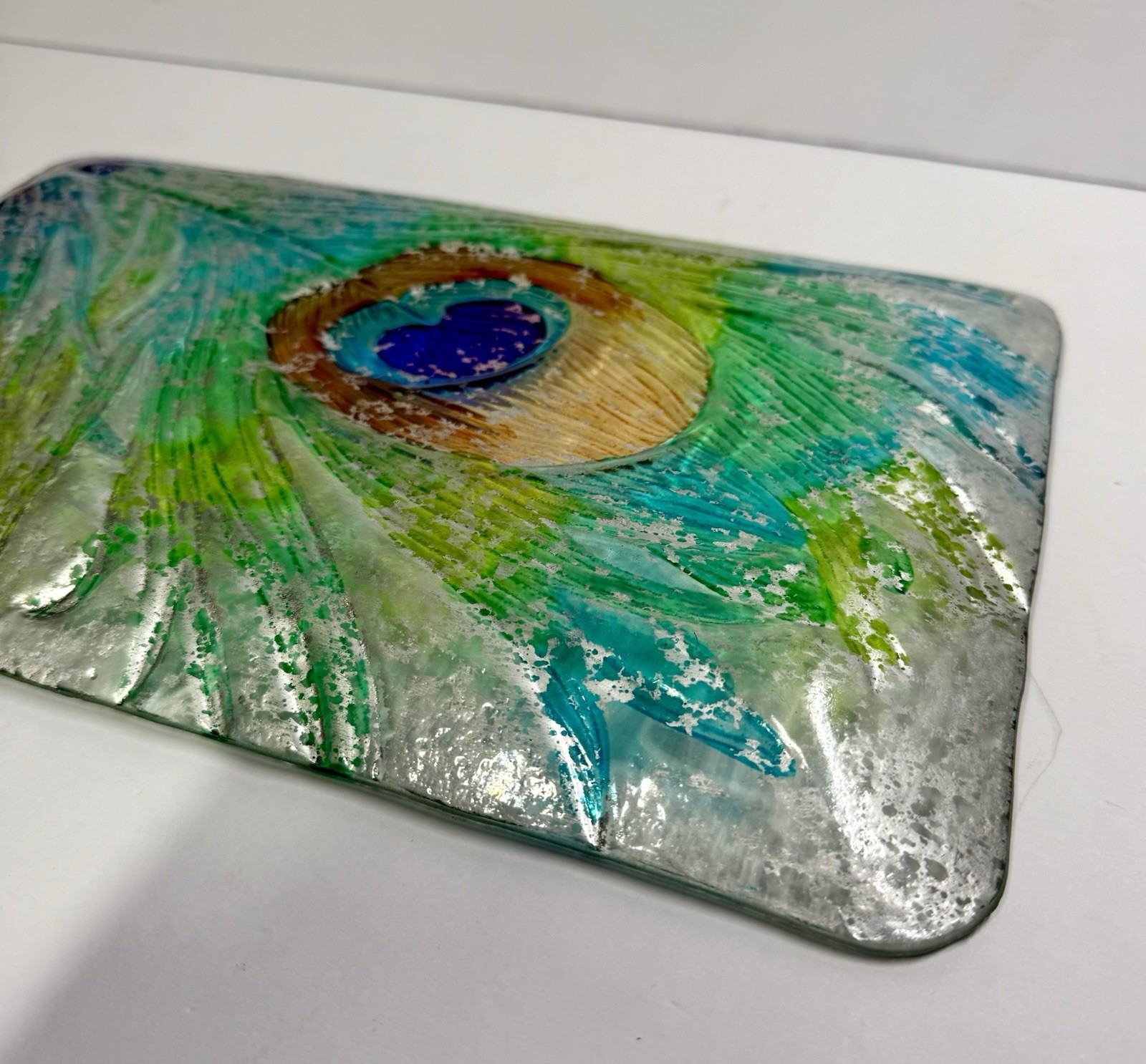 9 X 14” Fused Glass Peacock Feather Decorative Rectangular Platter Tray