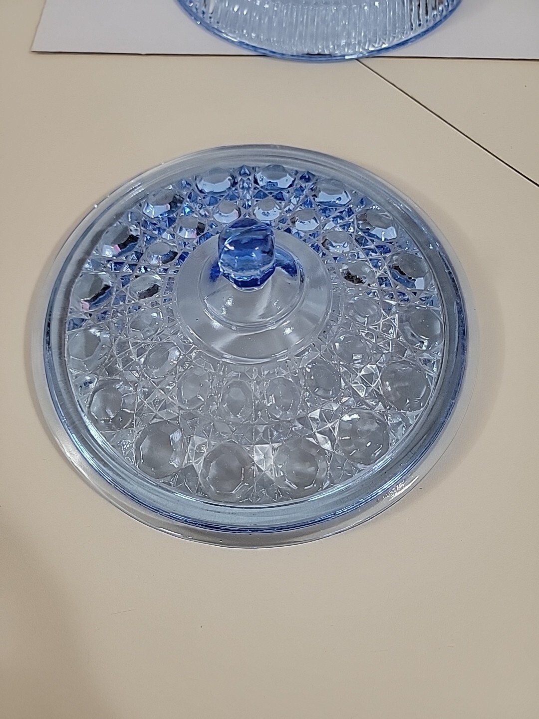 Indiana Glass 7.5 Inches Round Windsor Covered Candy Dish Blue Button Pattern