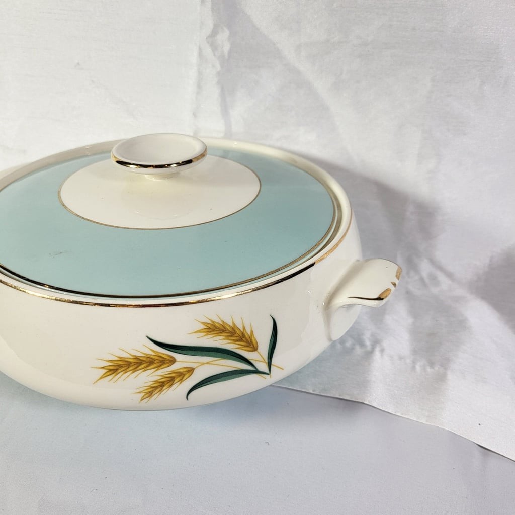 Vintage Taylor Smith & Taylor Autumn Wheat Covered Casserole Dish with Turquoise