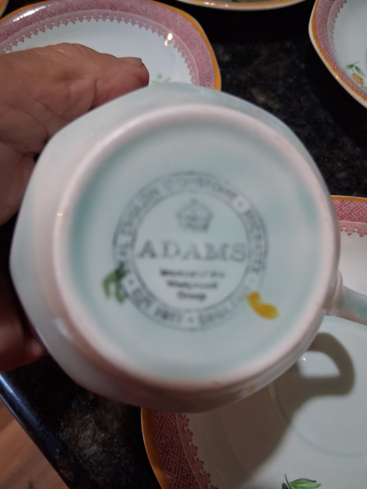 15pc Vntg Adams Calyx Ware Lowestoft Cup & Saucer Set Of 7 + 1 saucer, lt blue