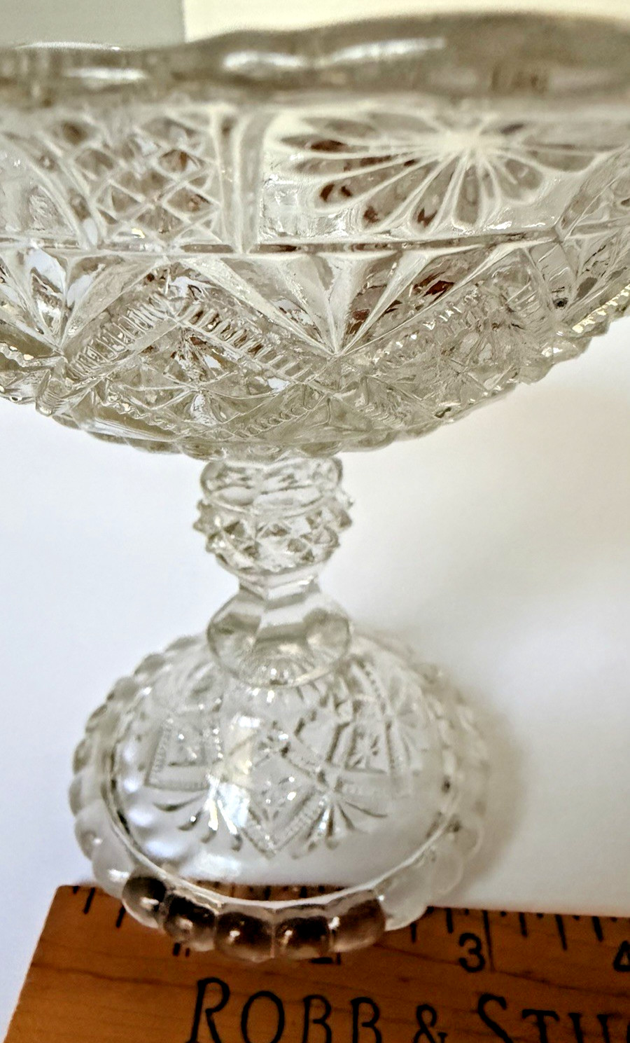 EAPG Clear Pressed Glass Covered Compote Diamond Fan Pineapple Finial UV365 Glow
