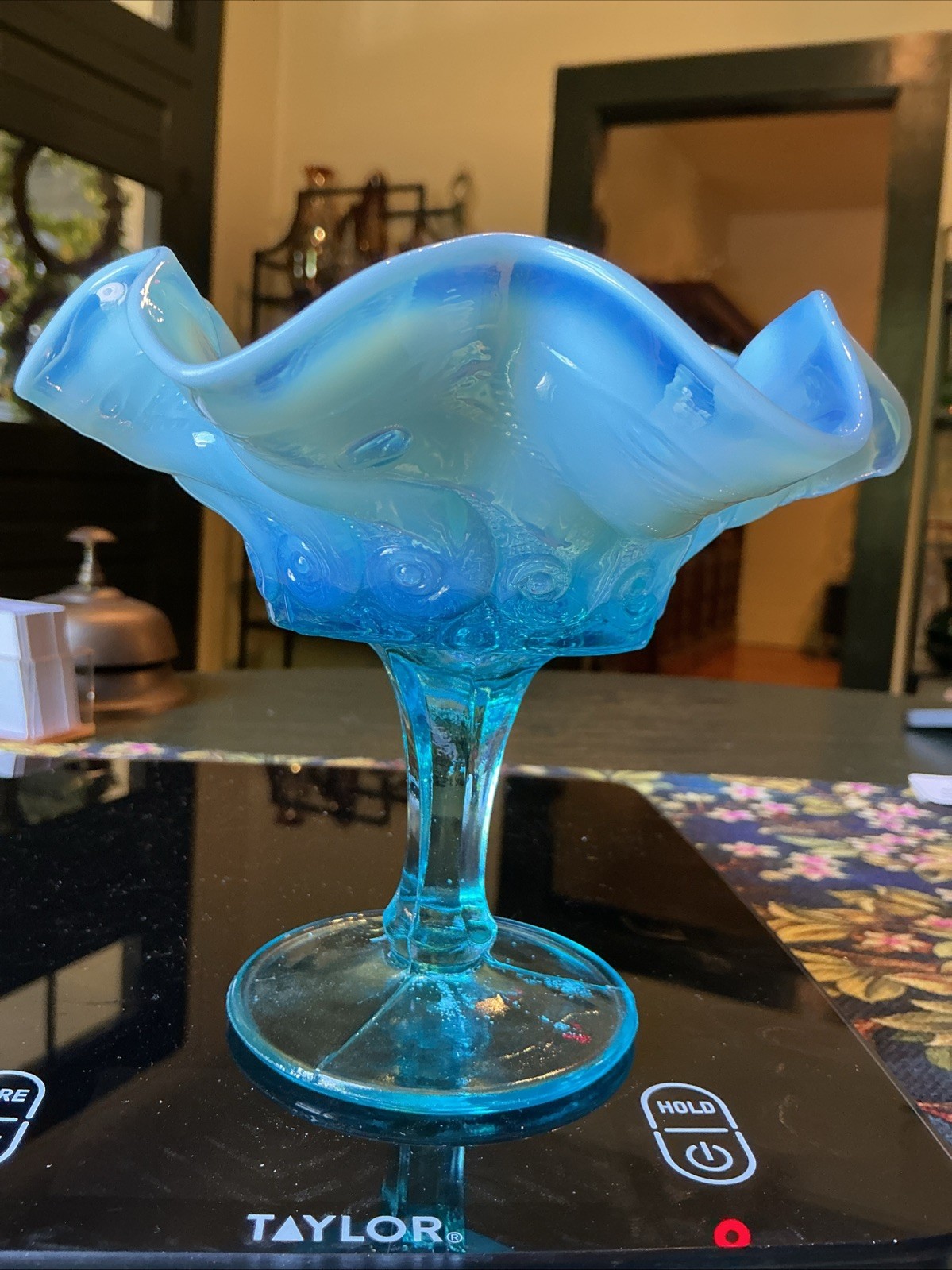 Scarce 5.5” Antique Dugan Blue Opalescent Constellation Glass Compote