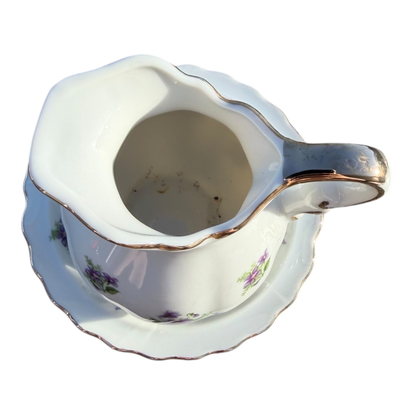 Vintage Lefton China Creamer and Saucer Set 01967 White Purple Violets Gold Trim