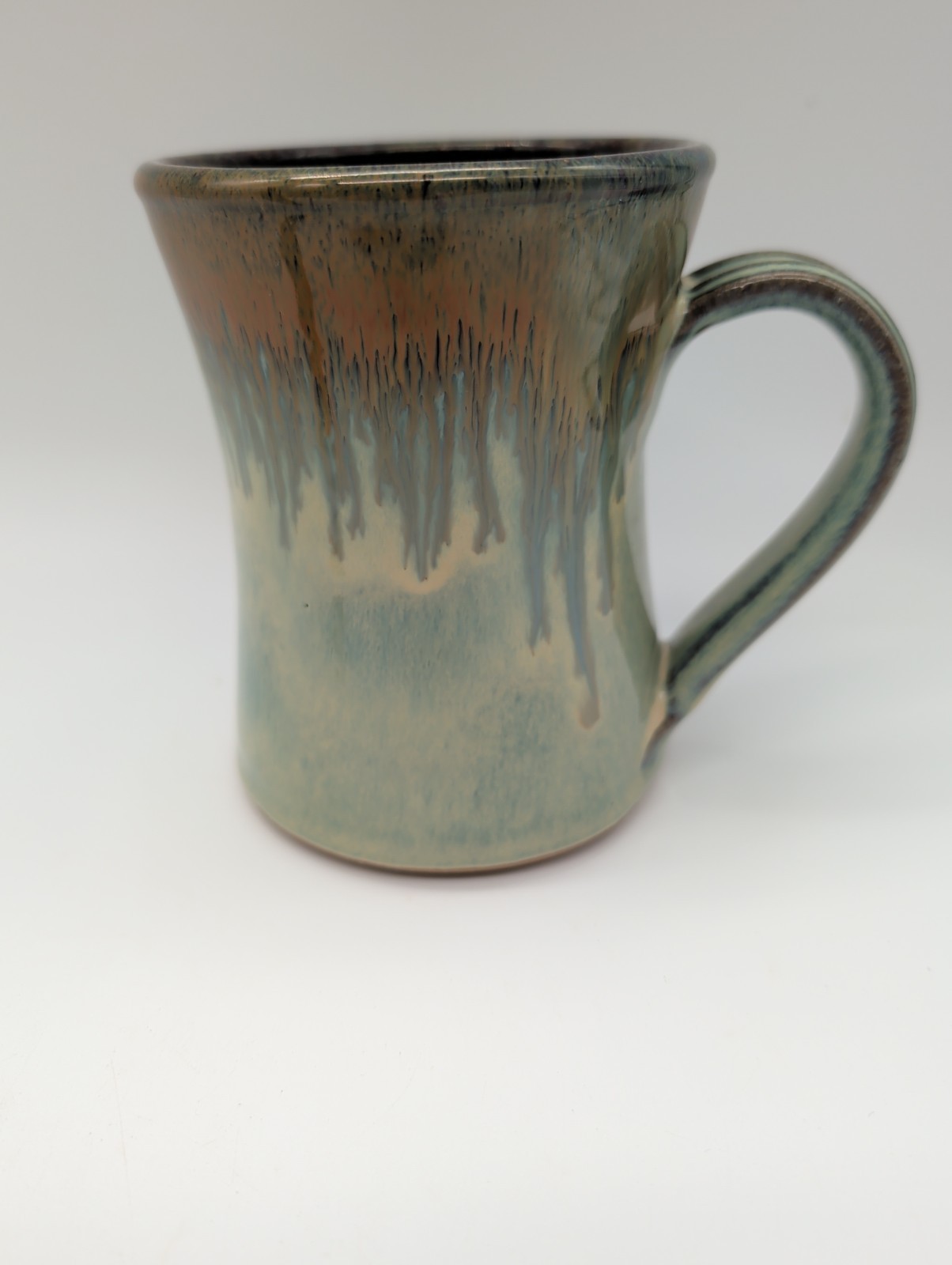 Studio Pottery Hand Thrown Stoneware Hourglass Mug Green Copper Drip Glaze