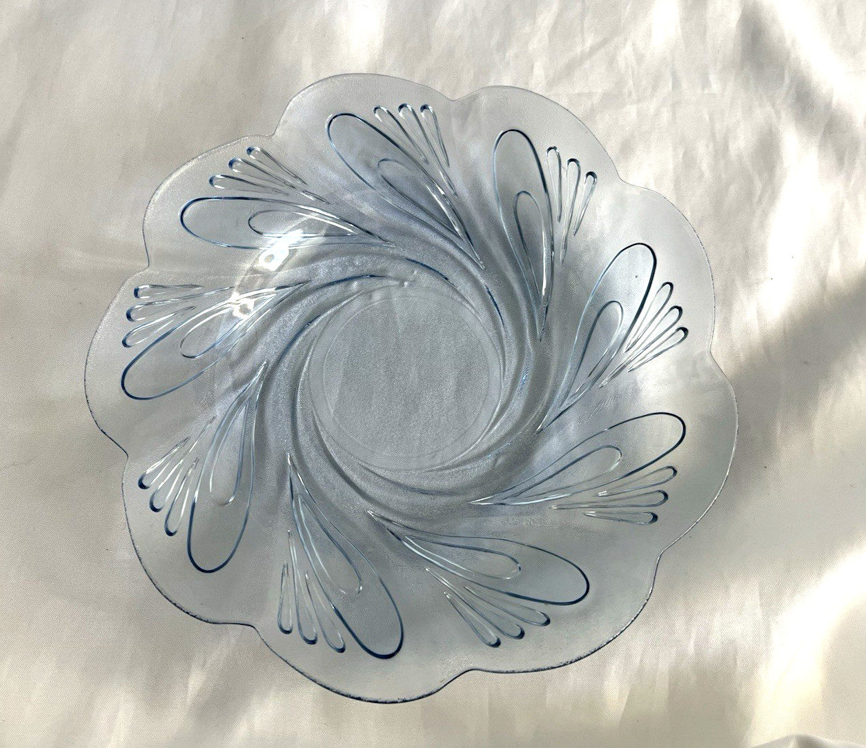 KIG (?) set of 6 clear blue glass 8″1/2″ salad plates-embossed swirls .Indonesia