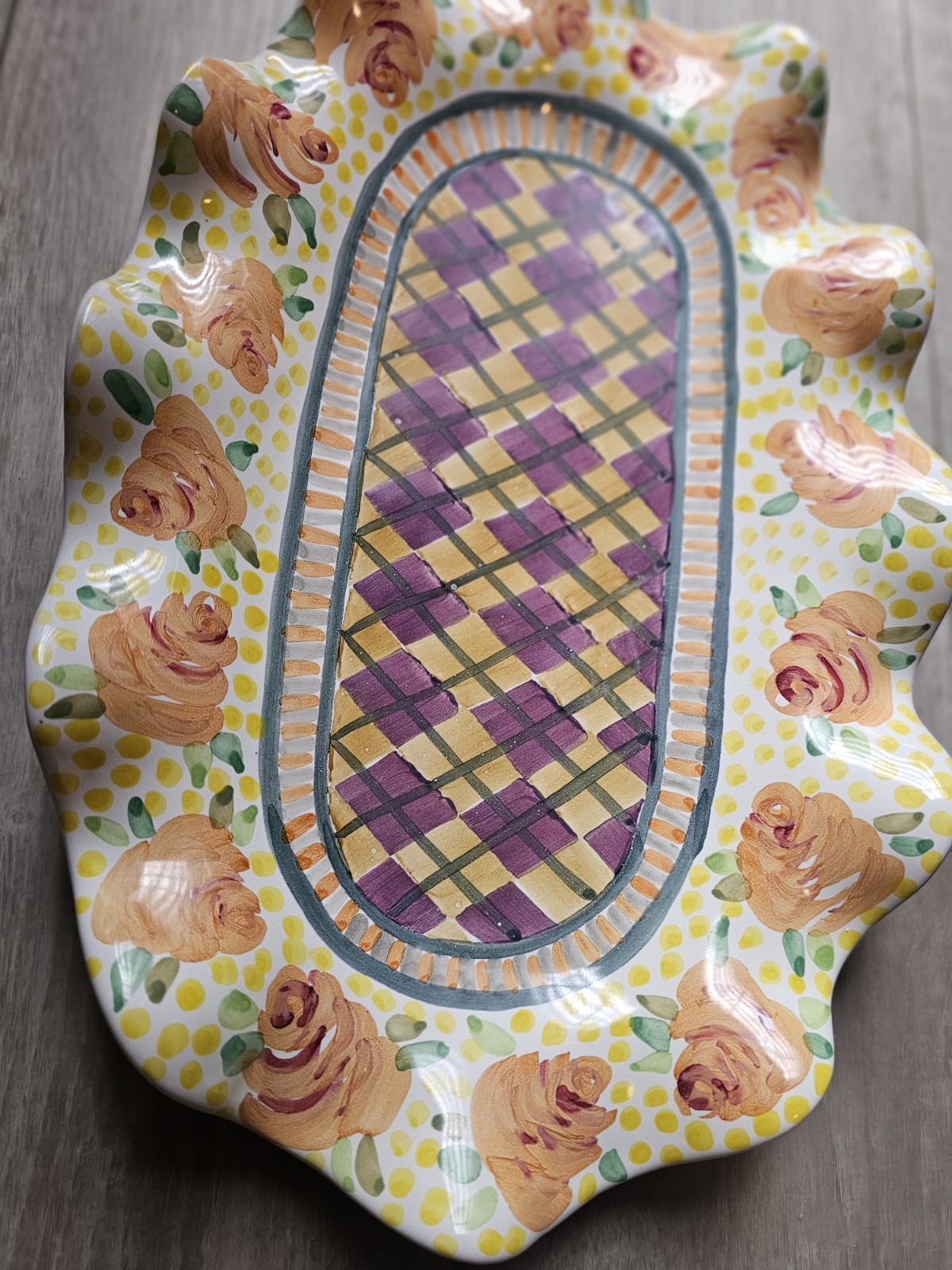 Hand Painted Large MacKenzie Childs Serving Platter Fluted Odd Fellows Retired