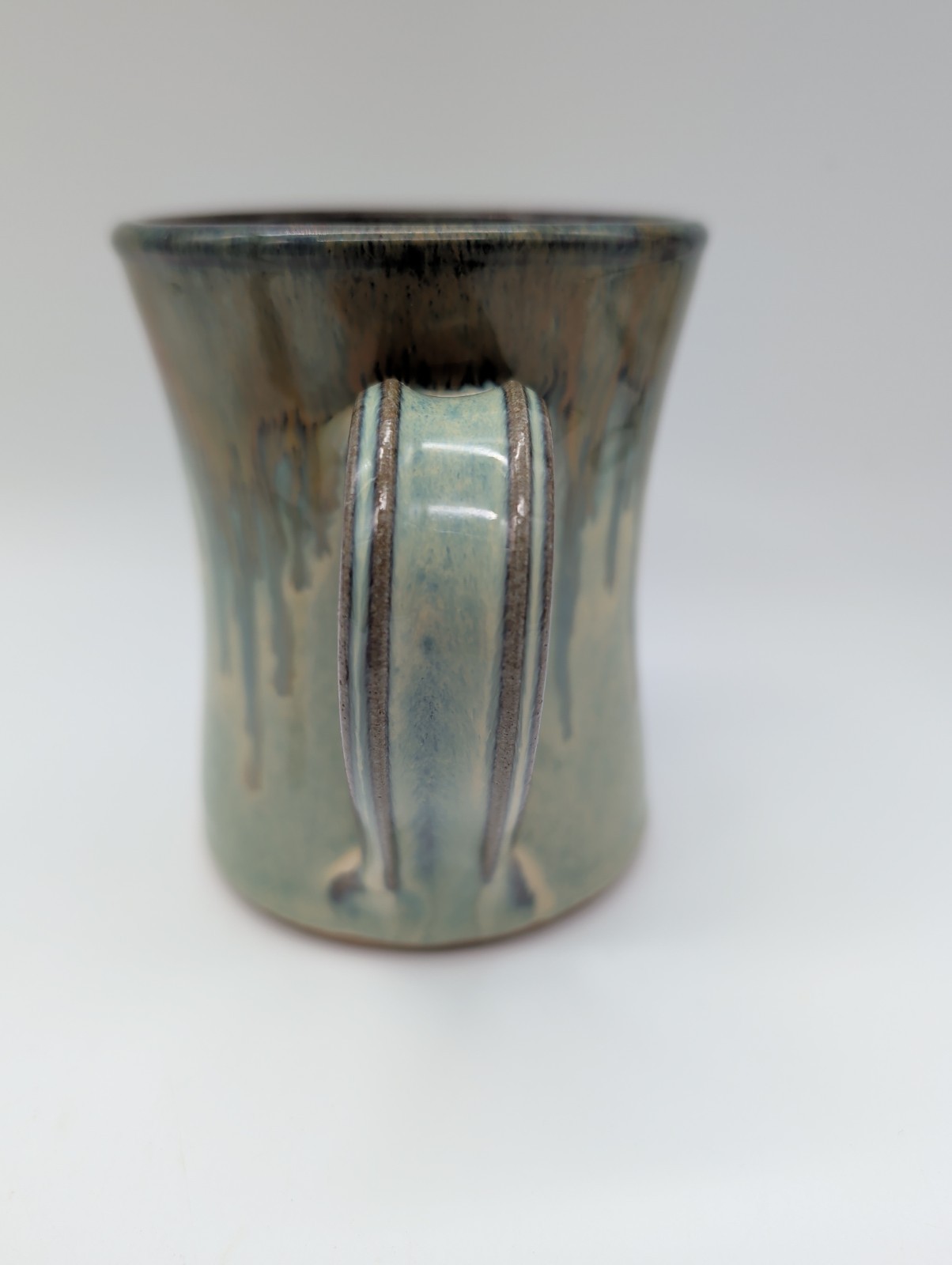 Studio Pottery Hand Thrown Stoneware Hourglass Mug Green Copper Drip Glaze