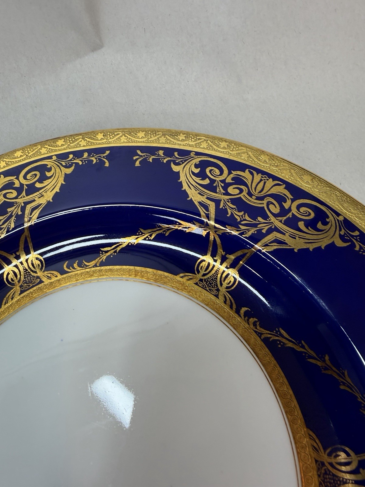 Antique Minton Porcelain 2 Dinner Plates w Raised Cobalt Blue Gold Rim 10 1/8 in