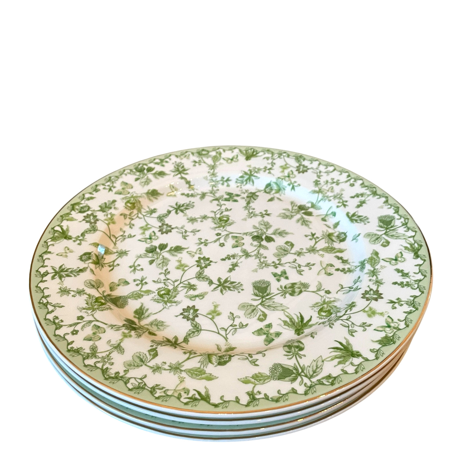 Grace Teaware Porcelain Dinner Plates 10.5″ Green & White Floral Set of 4 New