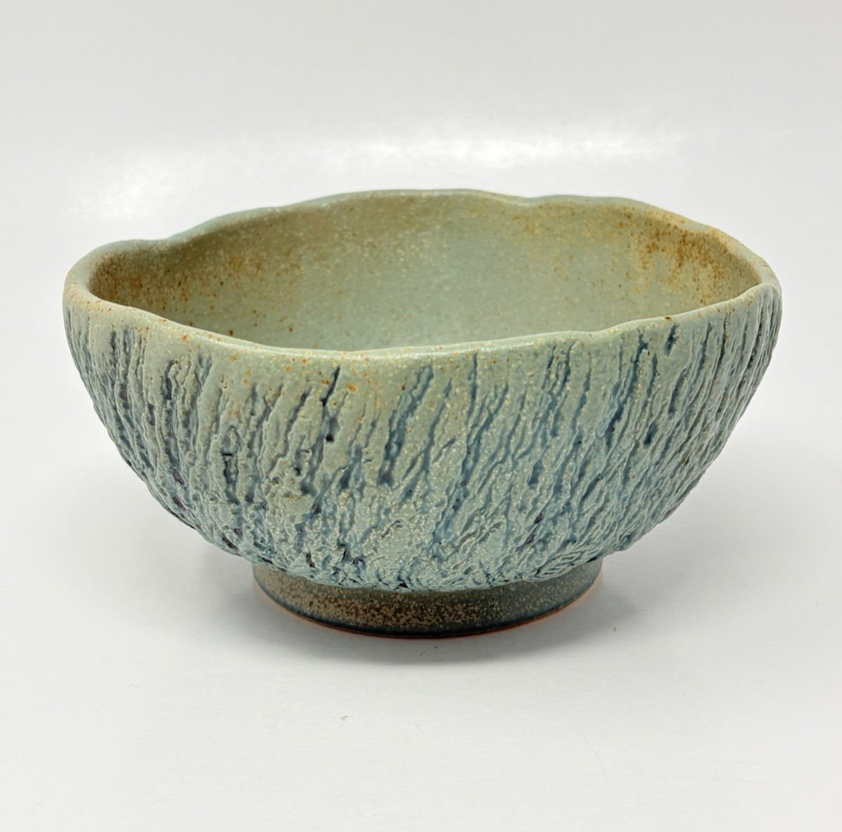 Studio Artisan Pottery Bowl Green Textured Tree Bark Matte Signed Marked 6.5″