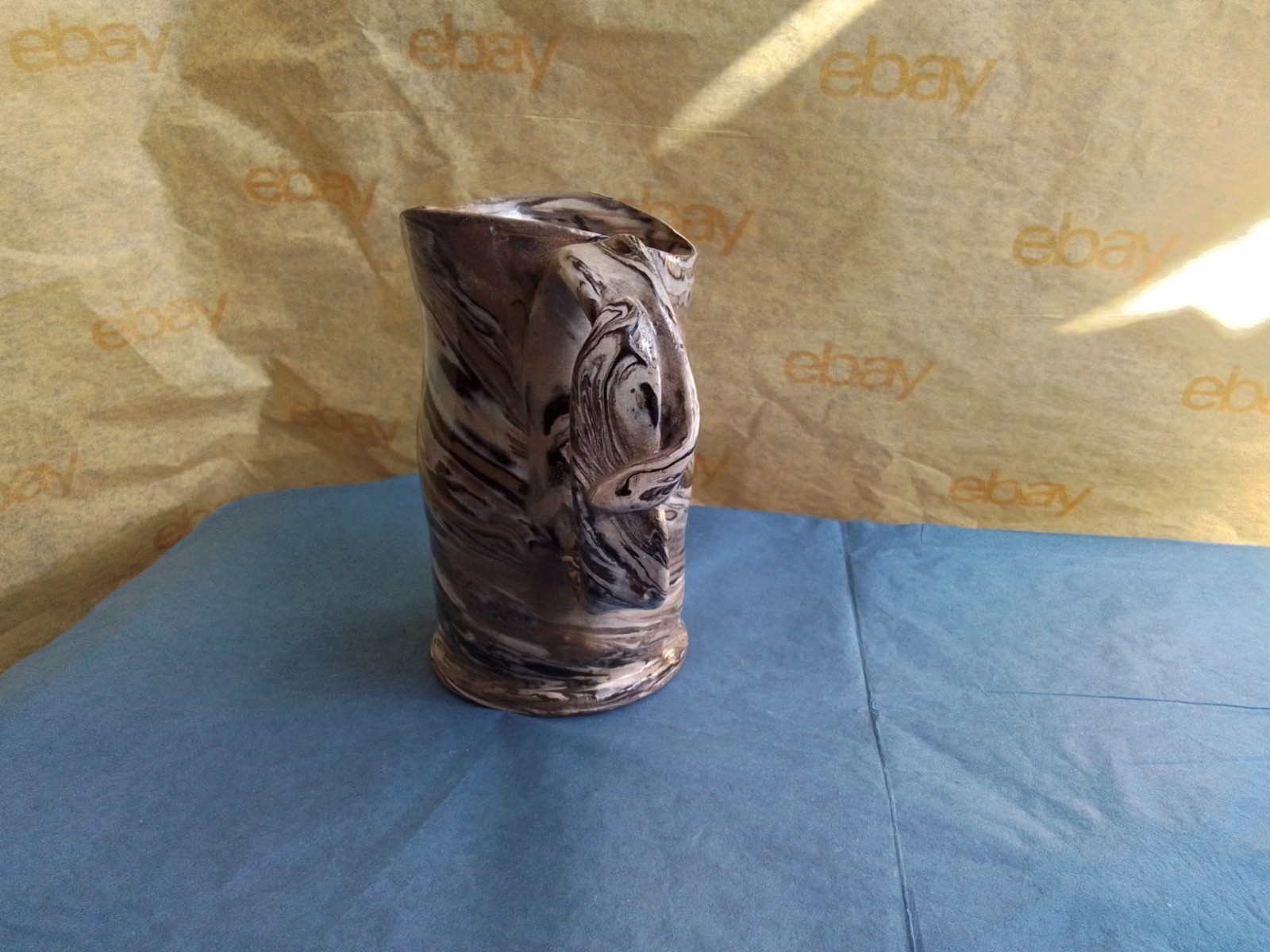 Handcrafted Agateware Pottery Pitcher, Asymmetrical, Multicolor, 4.5″H, Unsigned