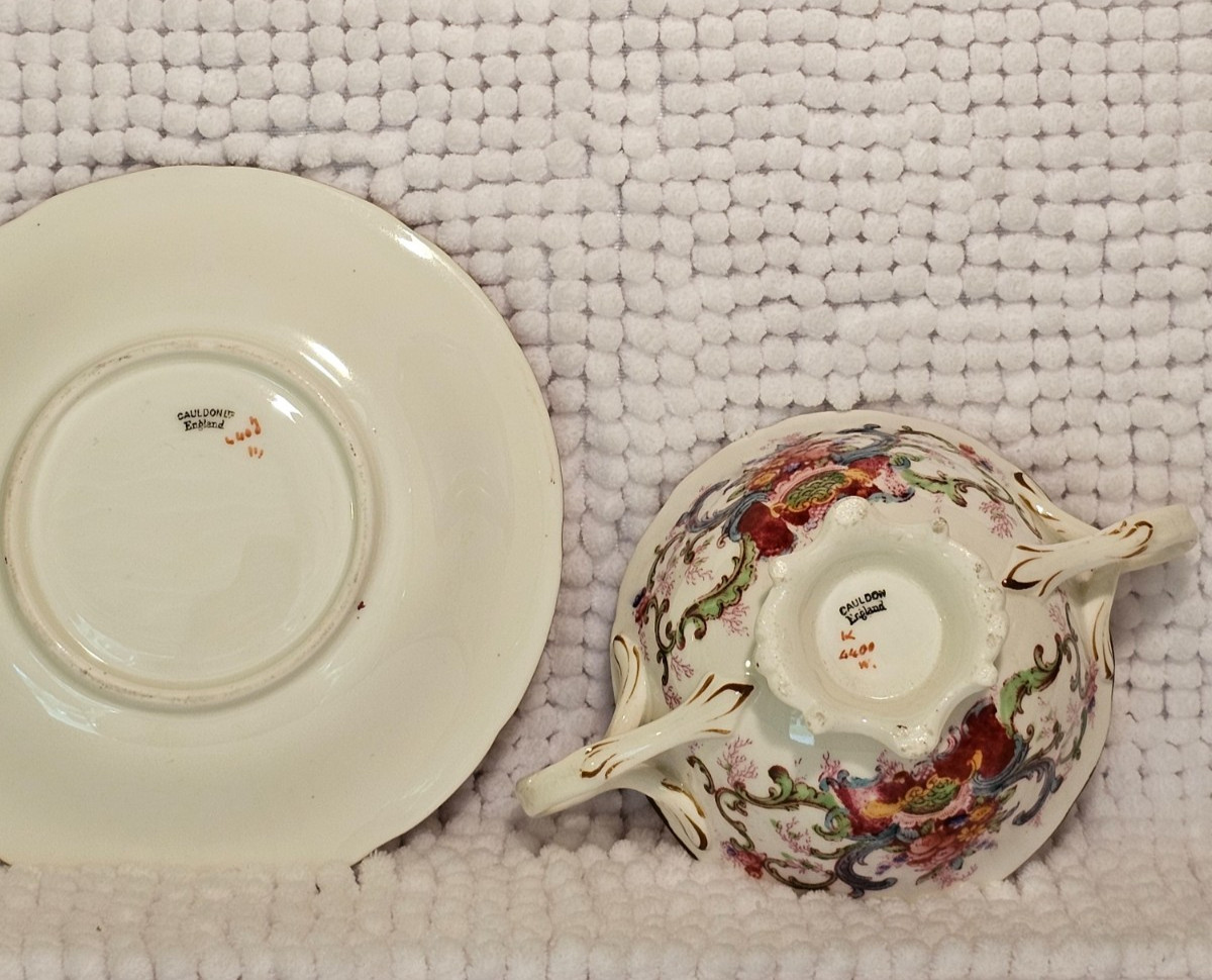 Bouillon cups w/ saucers, set of three, vintage china, Haviland, Cauldon, Pouyat