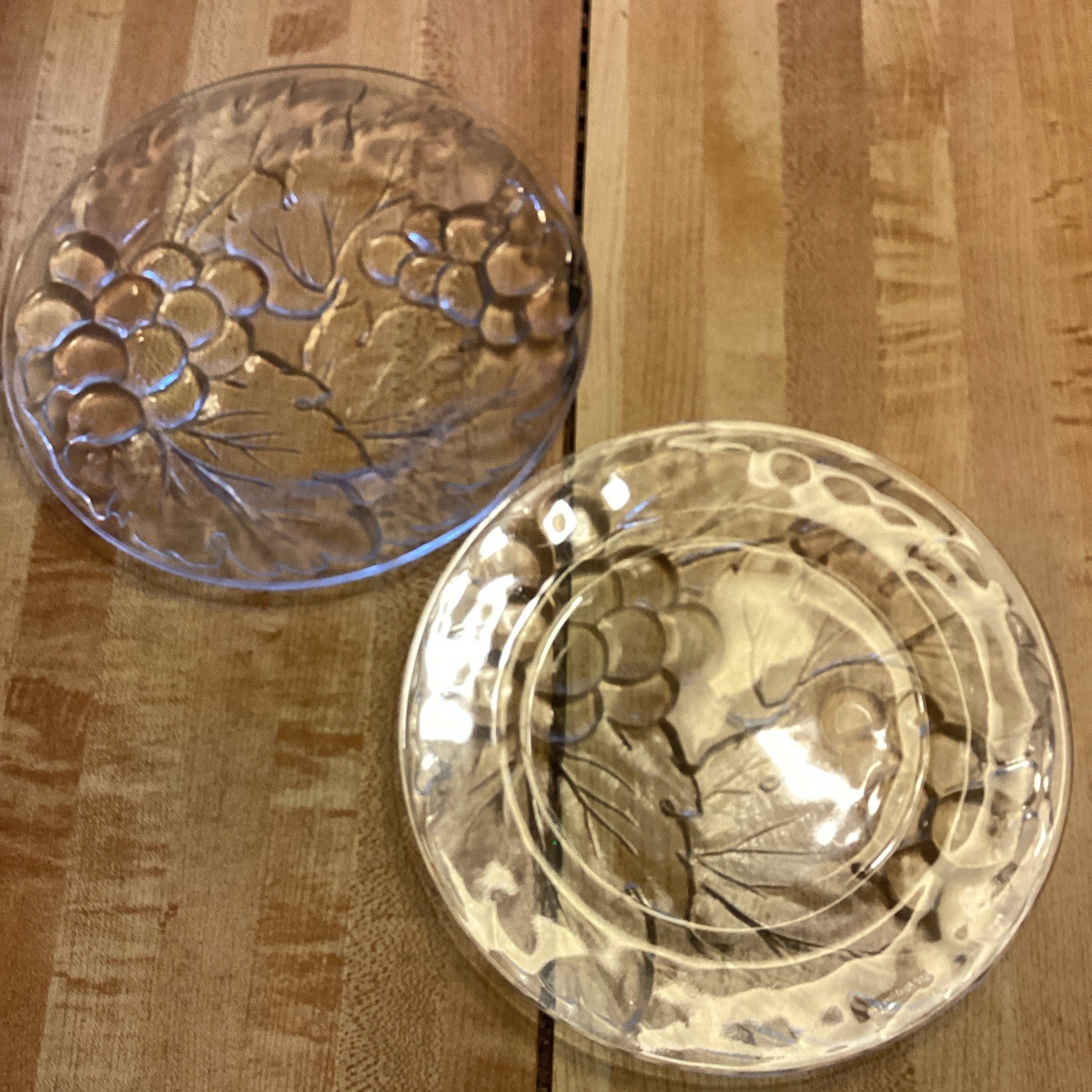 Clear Pressed Glass Embossed Grape Pattern Round Plates Set of 2 Decorative