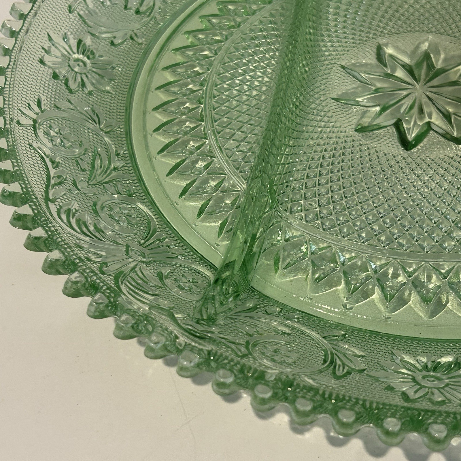 Green Indiana Glass Tiara Divided Relish Serving Plate Platter 12″ Saw Tooth Vtg