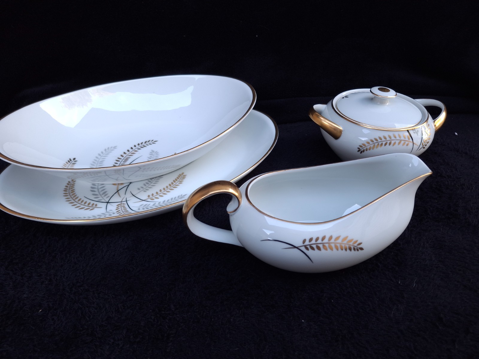 LIPPER & MANN (L&M)-HARVEST GOLD CHINA-PLATTER, BOWL,GRAVY ,SUGAR BOWL-4 PIECES